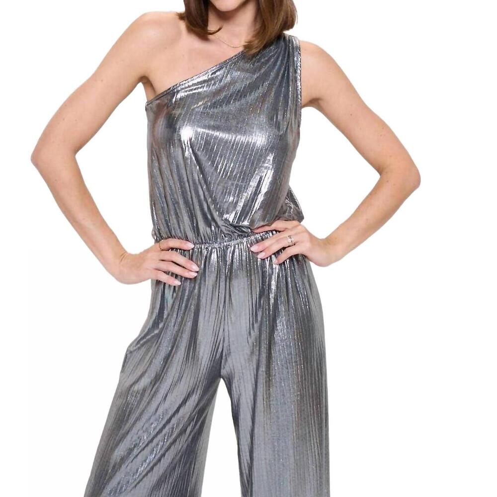 NEW RENEEC. one shoulder wide leg jumpsuit in silver